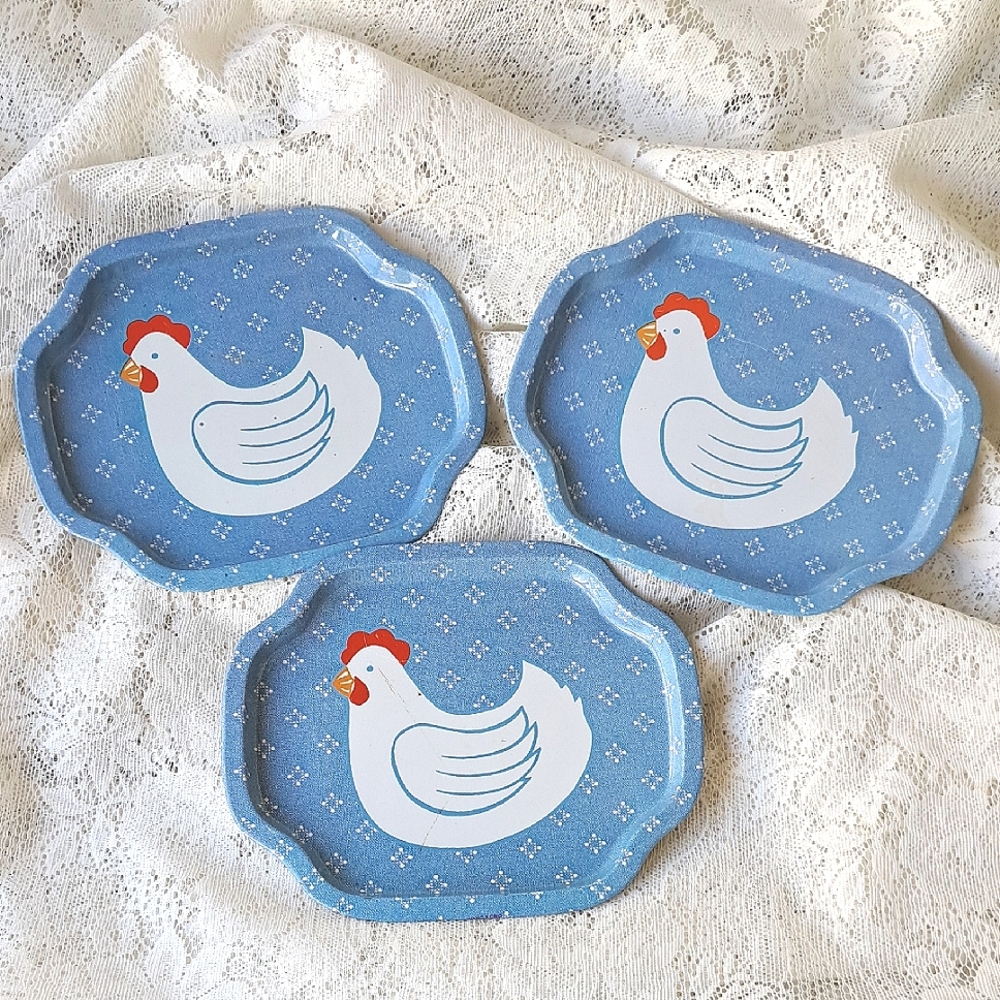 3 Vtg Blue Country Kitchen Tin Metal Serving Trinket Snack Trays Farm Chicken